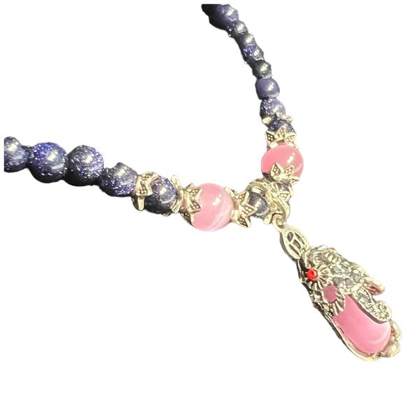 Vintage Style Pink Quartz & Blue Bead Necklace with Lucky Cat Pendant Charm - Picture 4 of 11